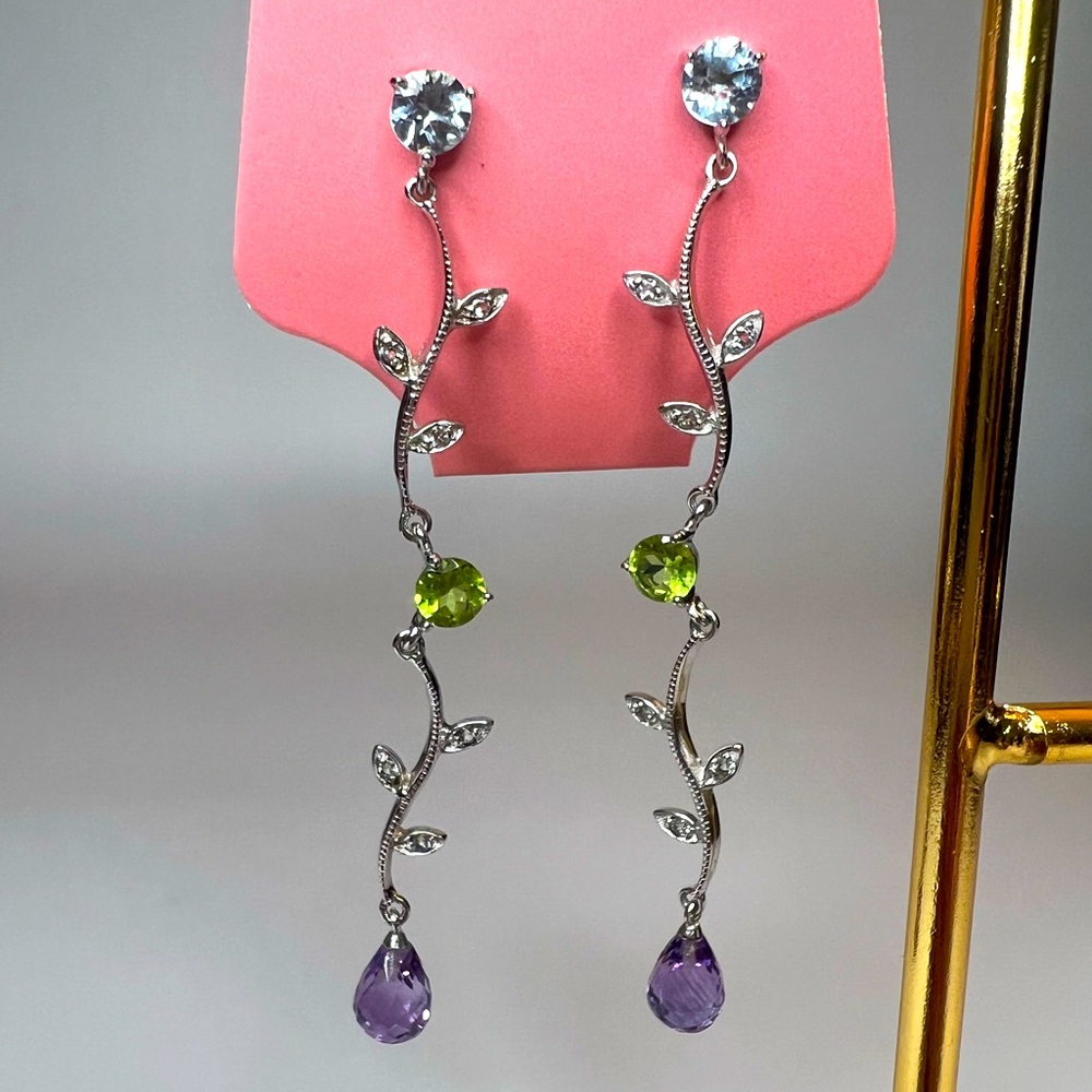 Sterling Silver 925 Vine Dangling Earrings Amethyst Peridot Aquamarine Gemstones